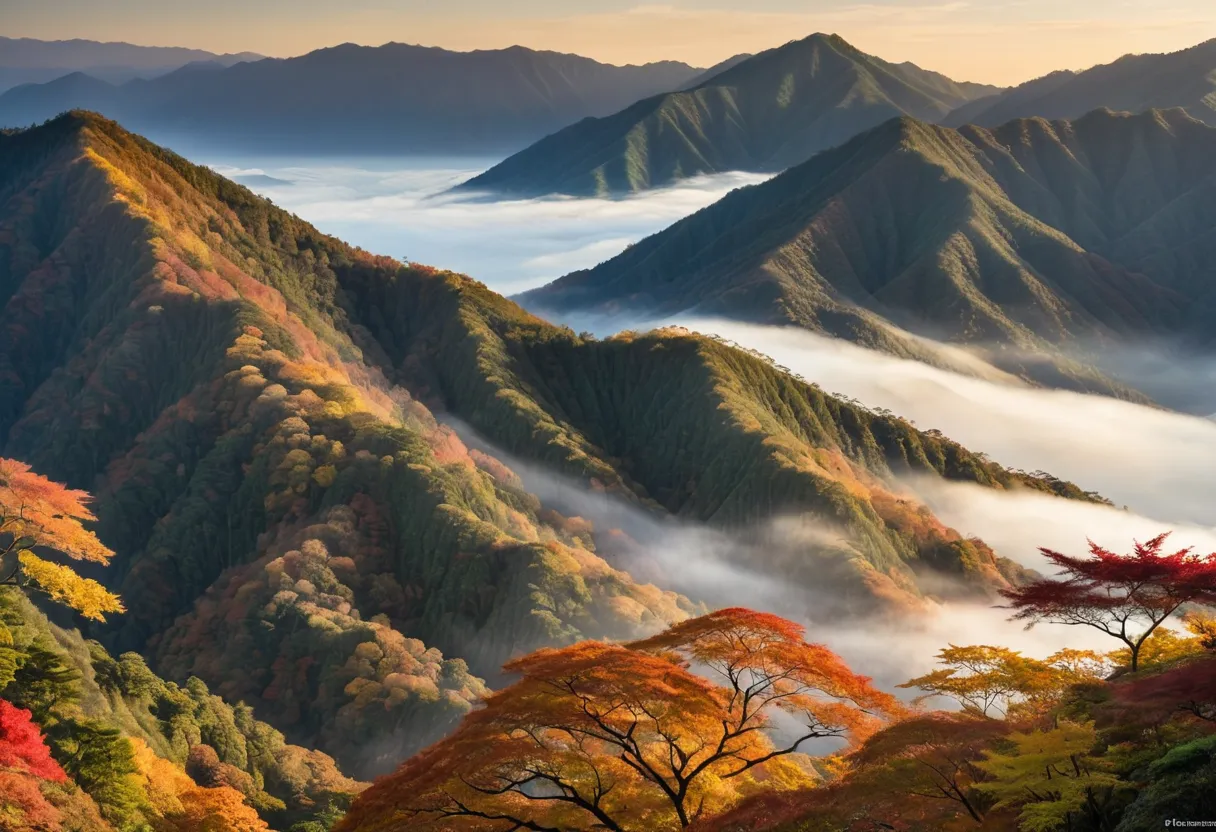 嵐山の山あひ — 朝霧と紅葉