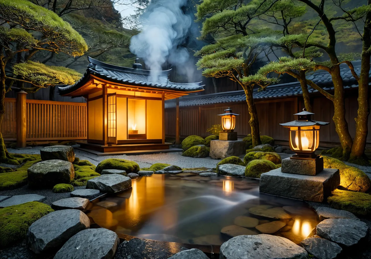 Outdoor bath — stone lantern and inn shadow